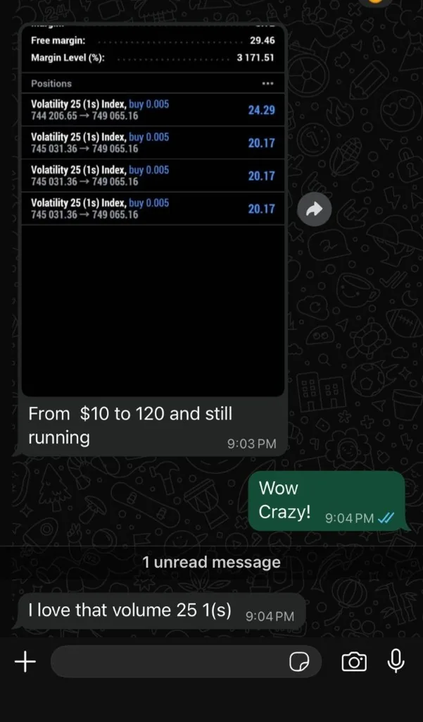 SynthEdge member WhatsApp message: from $10 to $120 and still running on Volatility 25